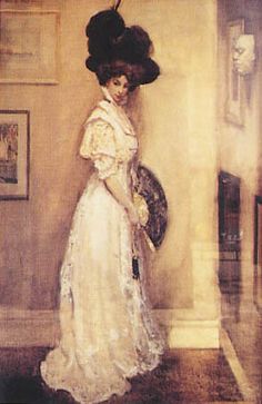 a painting of a woman in a white dress with a black hat on her head