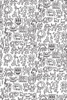 black and white doodled graffiti wallpaper with lots of different things on it, including letters