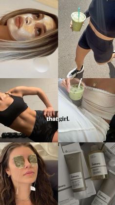 collage of photos with woman in black top and green smoothie on the side