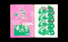 an open book with green and pink designs on the cover, next to a drawing of a person riding a bike