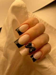 Short square nails for prom -gel Claresa Sweet Sugar -french NeoNail Black Paint Gel -bow from shein  See more by visiting Instagram: https://www.instagram.com/dagmaraswietek?igsh=MTQ2anlwcXU3cmwyYw==   #promnails #frenchnails #gelnails #gelnailsdesign Nails 2024 Black, Nails Square Black, Nails Design Square, Nails Inspiration Black, Nails Wallpaper, Nails For Prom, Short Square Nails, 2024 Prom