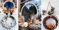 four different wreaths are hanging on the front door, and one is decorated with flowers