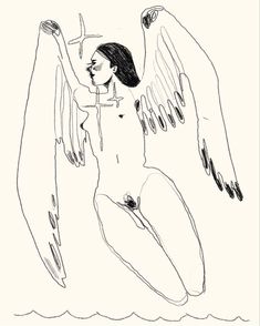 a drawing of an angel sitting on top of a body with two wings spread out