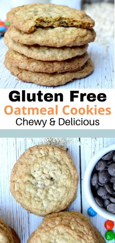 gluten free oatmeal cookies with chocolate chips and candy on the side