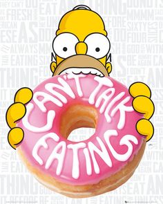 a cartoon character holding a pink donut with the words can't talk eating on it