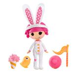 a doll with pink hair and bunny ears next to a ball, toy duck and other toys