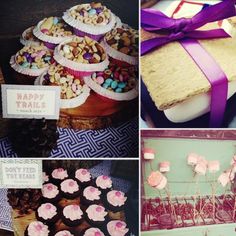 a collage of pictures with pink and purple items on them, including cupcakes