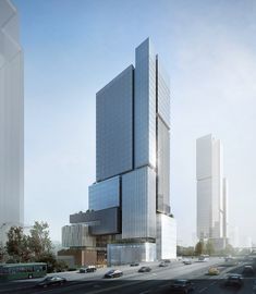 an architectural rendering of two tall skyscrapers in the middle of a busy city street