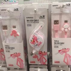 the pink earphones are on display for sale