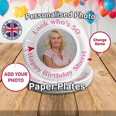 a personalised photo on a paper plate with balloons in the background