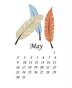 a calendar with two feathers on it and the word may written in blue, orange and white