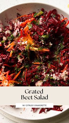 a white bowl filled with shredded beet salad