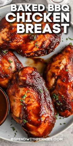 baked bbq chicken breast on a plate with sauce