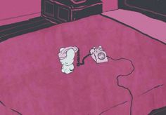 a drawing of a camera on a bed with a pink blanket and pillow in the background