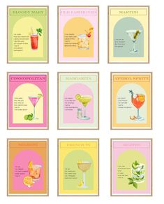 the different types of cocktails are shown in this set, including lemonade and margarita