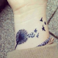 a dandelion tattoo on the wrist with birds flying around and in the background