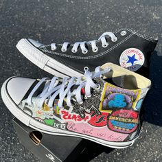 Whether you're a fan of punk rock, rock and roll, alternative, or just good music in general, these custom converse shoes are made for you. They feature an all over/inside out print of some of the best band stickers from the 70s all the way to the 2000s. We buy each pair of shoes BRAND NEW. The ink is permanent and will never come off. Made in the USA. This price includes everything: shoes and artwork. Keith Haring Converse, Funky High-top Custom Sneakers For Streetwear, Customizable Black High-top Sneakers, Punk High-top Sneakers For Streetwear, Punk Style High-top Sneakers For Streetwear, High-top Custom Sneakers With Graphic Print For Skateboarding, Custom Artwork Sneakers For Streetwear, Customizable Casual Sneakers For Streetwear, Black Sneakers With Custom Artwork For Streetwear