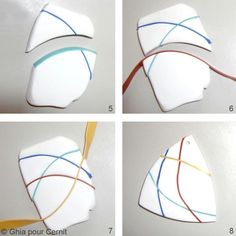 four pictures showing how to make an origami heart with colored strips on it