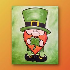 a painting of a lepreite with a green hat and shamrock leaves on it