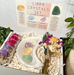 Libra Crystals Gift Box A dried flowers bouquet, selenite moon bowl, four crystals picked out for Libra and a 4 inch sage with dried flowers is included. The Crystals Set includes four tumbled stones picked our just for Libra: Aquamarine is a Libra gemstone that not only opens the mind, bus also helps Libras tolerate others, and releases their tendency to judge others. Aquamarine promotes the harmony Libra sun signs love so much, and it helps them to trust their intuition and go with the flow. A Libra Crystals, Libra Stone, Libra Sun, Dried Flowers Bouquet, Sun Signs, Libra Gifts, Metaphysical Gifts, Magic Box