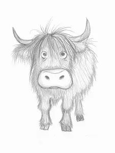 a black and white drawing of a yak with long hair on it's head