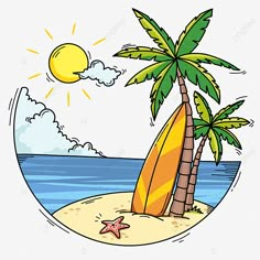 a surfboard and palm tree on the beach, cartoon, summer png and psd