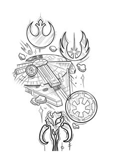 the star wars coloring page is shown in black and white, with various symbols around it