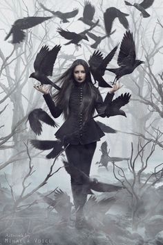 a woman standing in the middle of a forest surrounded by crows flying around her,