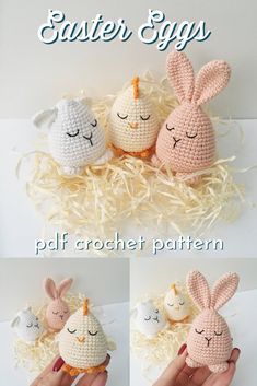 crocheted easter eggs with faces and ears are shown in three different pictures, one is