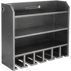 a metal shelf with several compartments on it