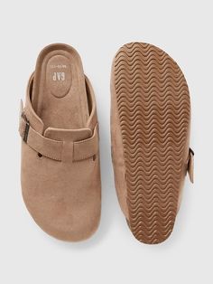 Smooth felt upper. Rubber gripper sole with cork detailing. Buckle strap at top. #545742 Football Season, Clogs, Cork, Gap, Felt, Buckle, Football, American Football