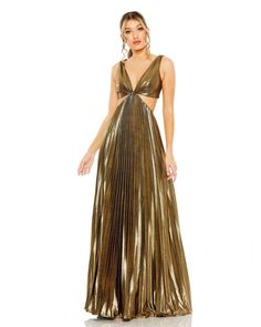 Ieena for Mac Duggal  Fully lined V-Neckline Sleeveless Metallic Back zipper Approx. 62.5" from top of shoulder to bottom hem Available in Antique Gold Style #27083 Metallic Prom Dresses, Cutout Gown, Gold Bridesmaid Dresses, Long Bridesmaid Dress, Short Bridesmaid Dresses, Metallic Fabric, Mac Duggal, A Line Gown, Metallic Dress