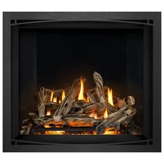 an electric fireplace with logs and flames