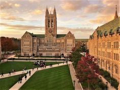 an aerial view of the university campus at sunset