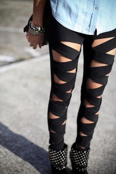 These pants are pretty badass. Probably not good for riding on a motorcycle, but good for other times. Pairs nicely with a Selfies Nation tank top.  https://www.etsy.com/shop/SelfiesNationLLC Bandage Leggings, Kat Diy, Heel Boots For Women, Glam Rock, Rave Outfits, Rock Style, High Heel Boots, Look Cool, Alternative Fashion