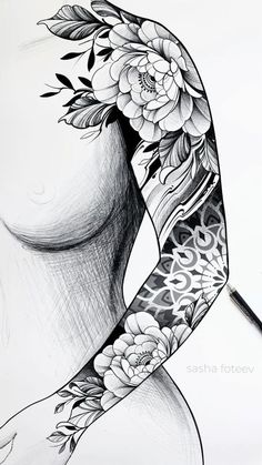 a drawing of a woman's arm with flowers on it