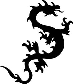 a black and white silhouette of a dragon on a white background, with the tail curled up