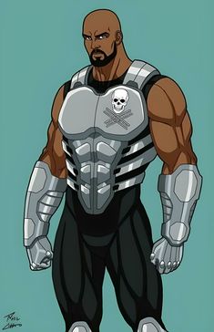 a cartoon character with a beard and skull on his chest, standing in front of a blue