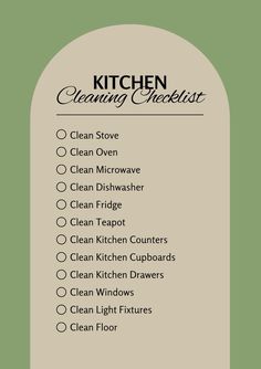 the kitchen cleaning checklist is shown here