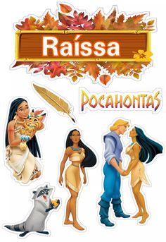 disney princess stickers with the words raasaa and pocahontass