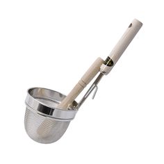 a metal strainer with a wooden handle