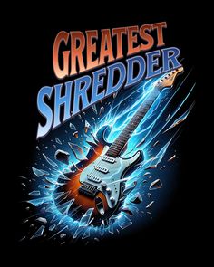 the greatest shredder logo is shown in this graphic style, with an electric guitar and