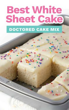 white sheet cake with sprinkles on top in a metal pan and text overlay reads best white sheet cake doctored cake mix