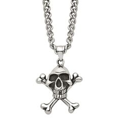 "Add a macabre touch to your wardrobe with this men's stainless steel skull and crossbones pendant. Add a macabre touch to your wardrobe with this men's stainless steel skull and crossbones pendant. Pendant size: 45 mm x 30 mm Chain length: 24 in. Chain type: cable Chain width: 4 mm Metal: stainless steel Finish: antiqued Packaging: boxed Please note, due to the high value of this item, a signature may be required upon delivery. Size: 24"". Color: White. Gender: male. Age Group: adult." Skull Crossbones, Punk Jewelry, Wood Burner, Skull Necklace, Skull And Crossbones, Necklace Size, Cable Chain, Chain Lengths, Chain Length