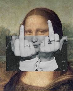 a woman holding up two fingers in front of her face with the same image on it