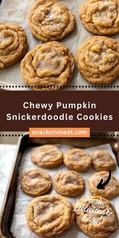 chewy pumpkin snickkerdoodle cookies on a baking sheet with the recipe below