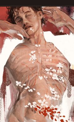 a painting of a woman with her hair blowing in the wind and white flowers on her chest