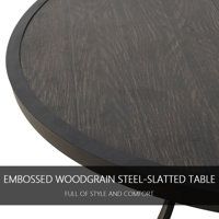 an image of a wooden table with black metal legs and wood grained finish on the top