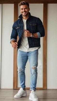 Discover 15 Stylish Men’s Jeans Outfit Ideas for Every Occasion - Cheerful Talks Slim Fit Jeans Men Outfits, Casual Fashion For Men, Classy Menswear, Ripped Jeans Look, Jeans Outfit Ideas, Stylish Street Style, 15 Outfits, Simple Street Style, Jeans Outfit Men