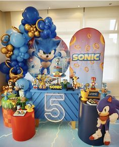 a sonic birthday party with balloons and decorations